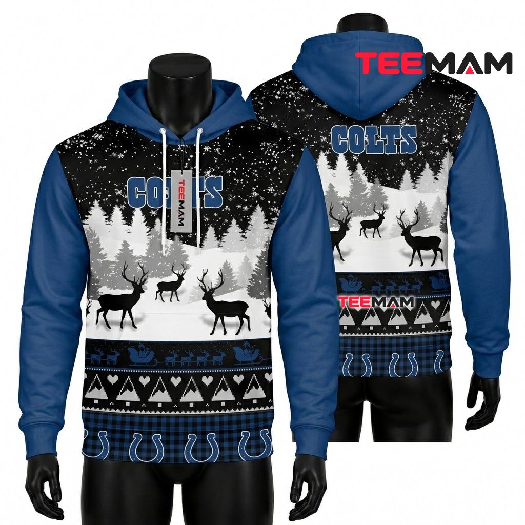 Indianapolis Colts 3D Hoodie Reindeer Winter Forest Ugly Sweater Front