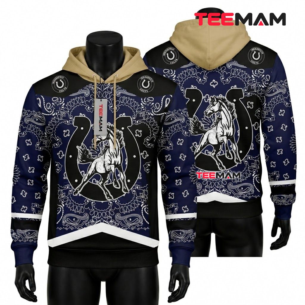 Indianapolis Colts 3D Hoodie Running Horse Paisley Print Front