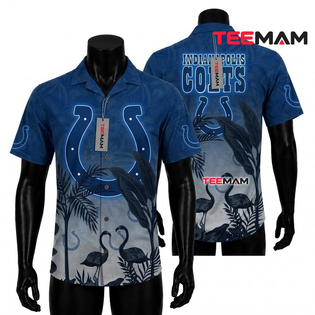 Indianapolis Colts Hawaiian Shirt Flamingo Silhouette Sunset Fade Front