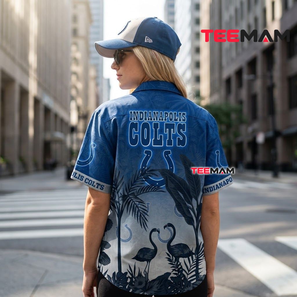 Indianapolis Colts Hawaiian Shirt Flamingo Silhouette Sunset Fade Version 3 Indianapolis Colts Hawaiian Shirt Flamingo Silhouette Sunset Fade Version 3