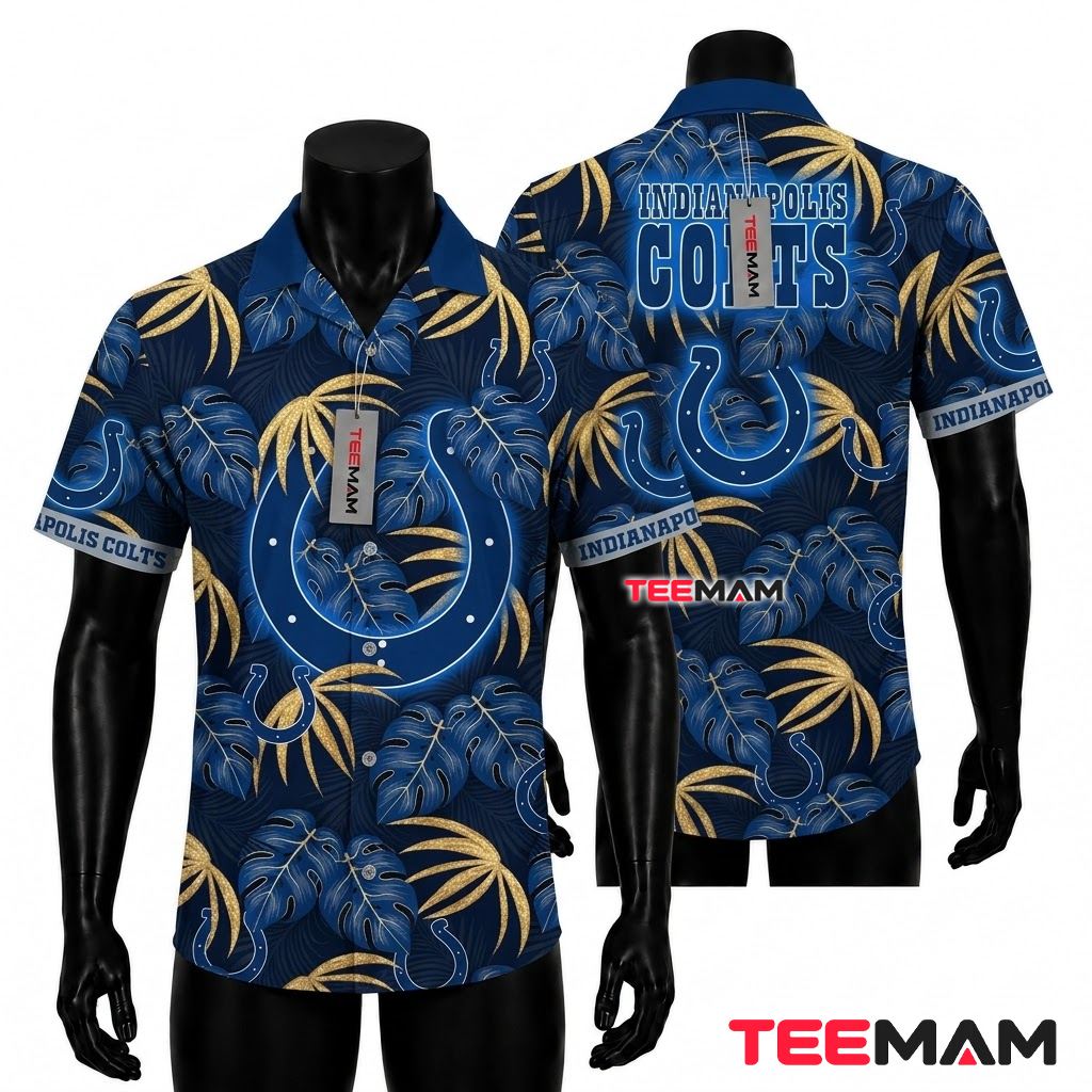 Indianapolis Colts Hawaiian Shirt Golden Monstera Horseshoe Pattern Front
