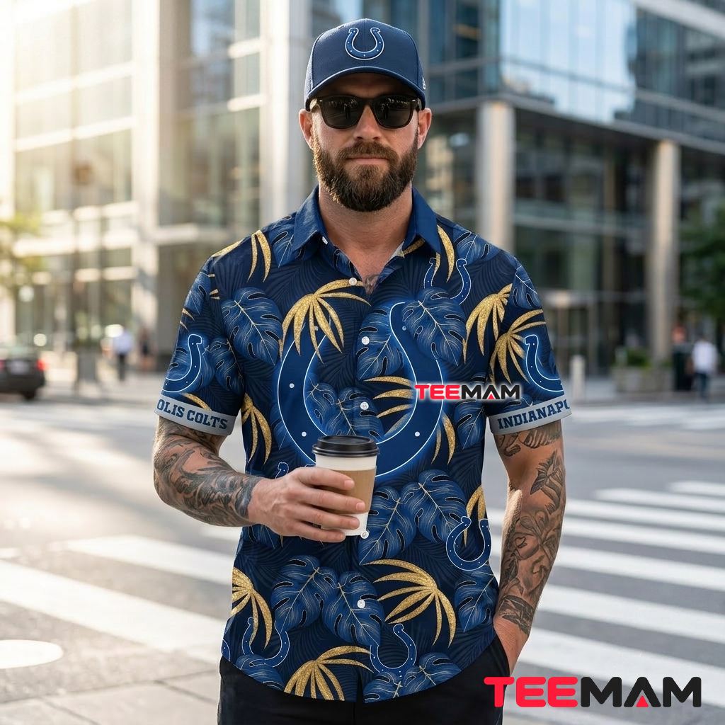 Indianapolis Colts Hawaiian Shirt Golden Monstera Horseshoe Pattern Back Indianapolis Colts Hawaiian Shirt Golden Monstera Horseshoe Pattern Back