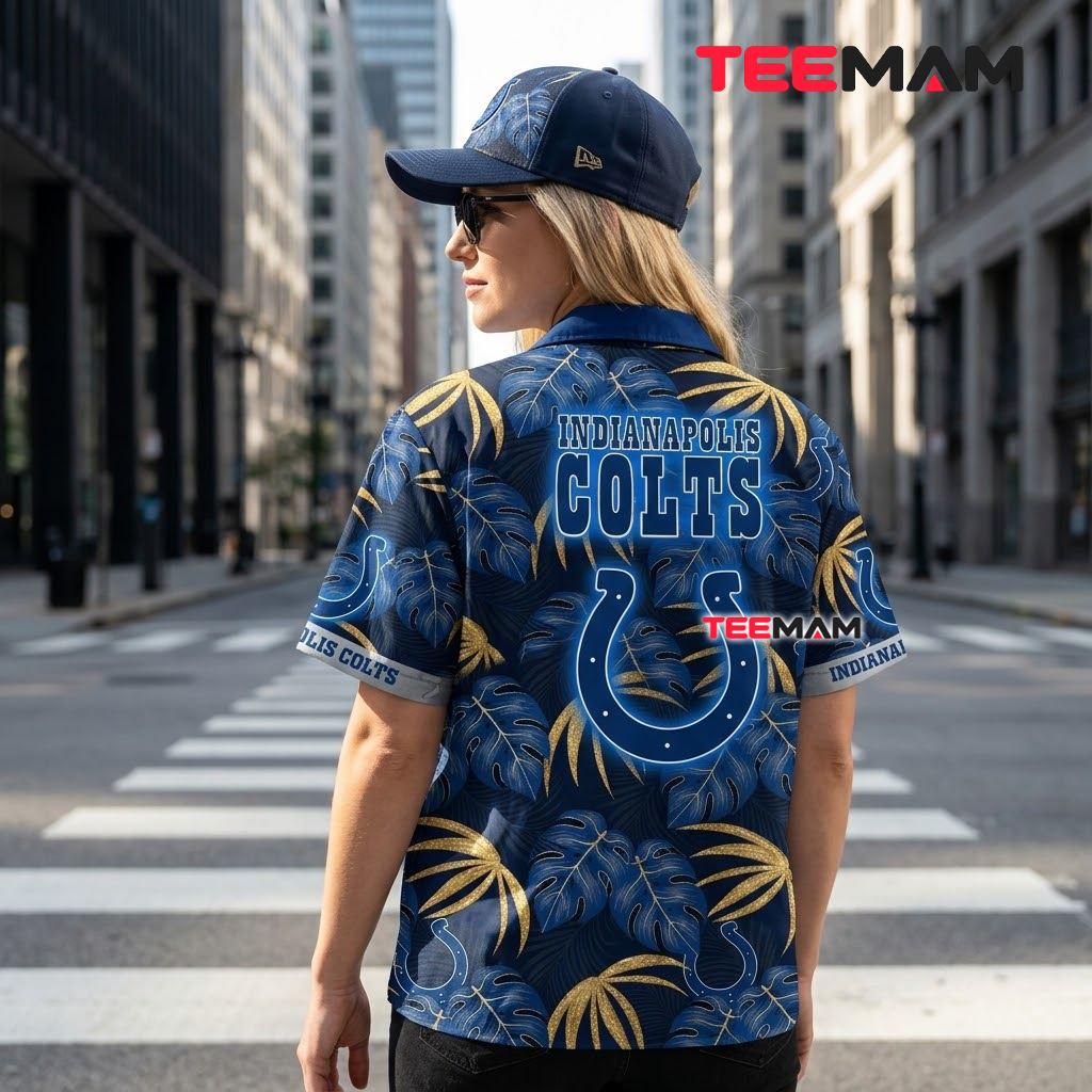 Indianapolis Colts Hawaiian Shirt Golden Monstera Horseshoe Pattern Version 3 Indianapolis Colts Hawaiian Shirt Golden Monstera Horseshoe Pattern Version 3