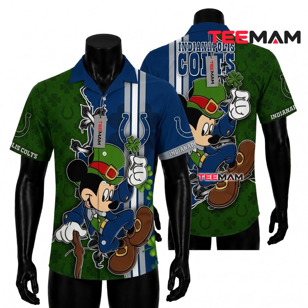 Indianapolis Colts Hawaiian Shirt Mickey Leprechaun Shamrock Design Front