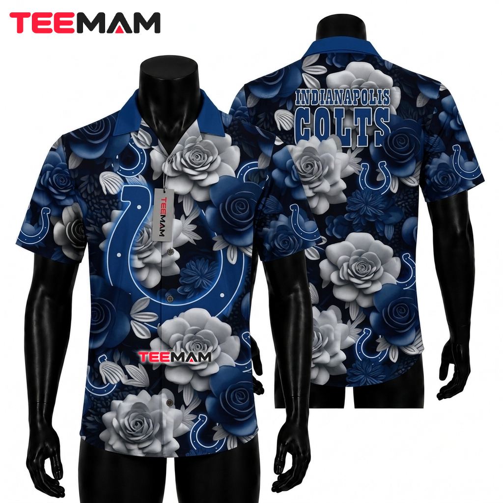 Indianapolis Colts Hawaiian Shirt Rose Horseshoe Blue Bloom Front