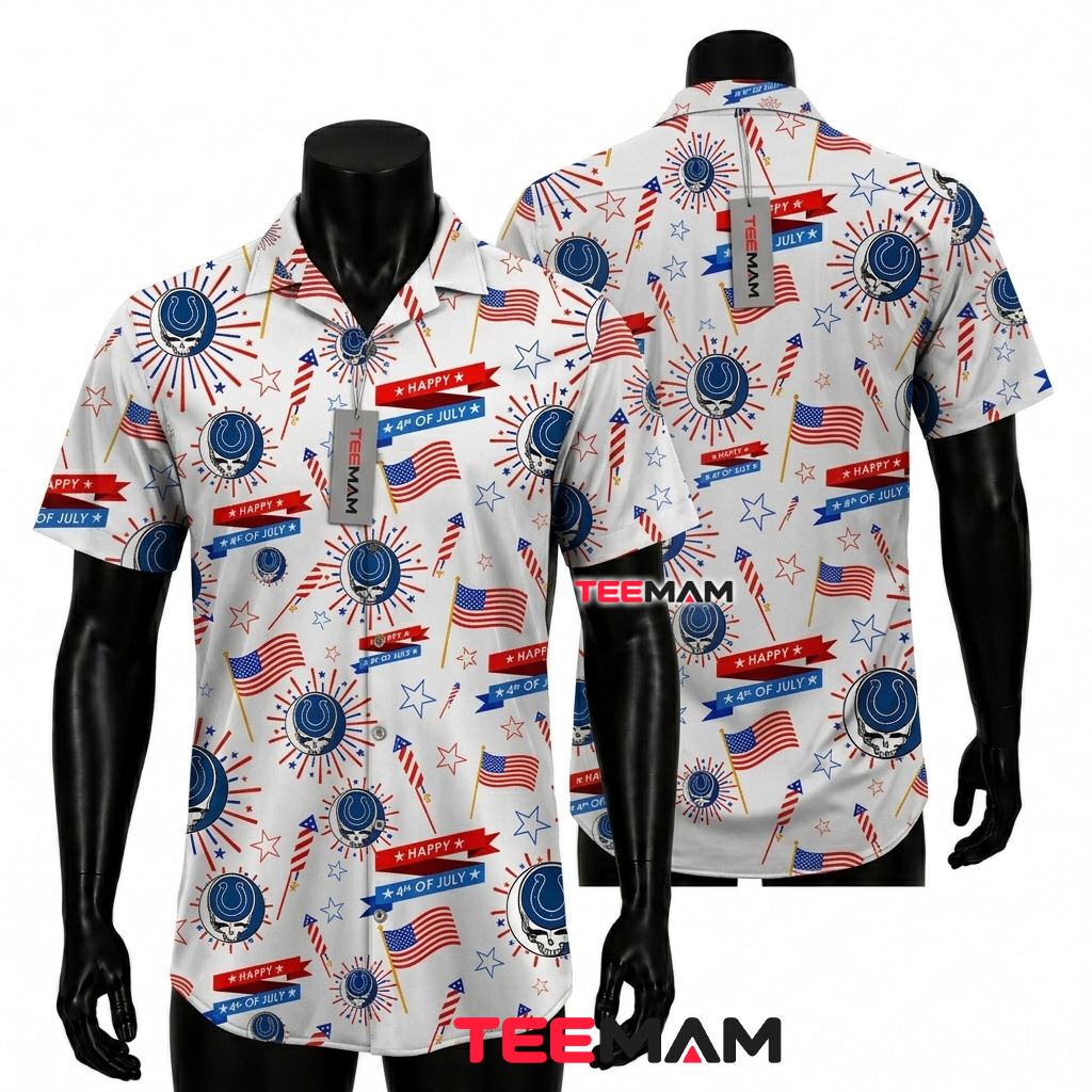 Indianapolis Colts Hawaiian Shirt Skull Firework White Patriotic Front