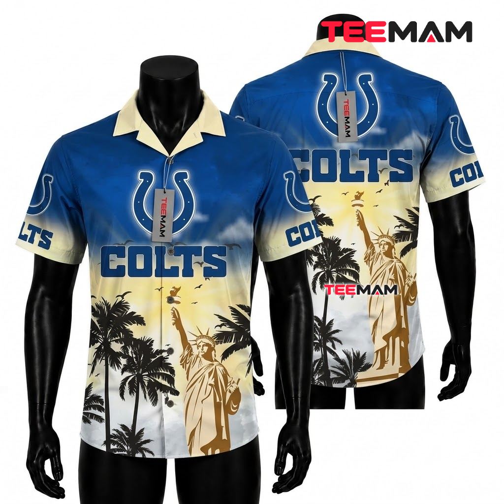 Indianapolis Colts Hawaiian Shirt Statue Liberty Sunrise Silhouette Front