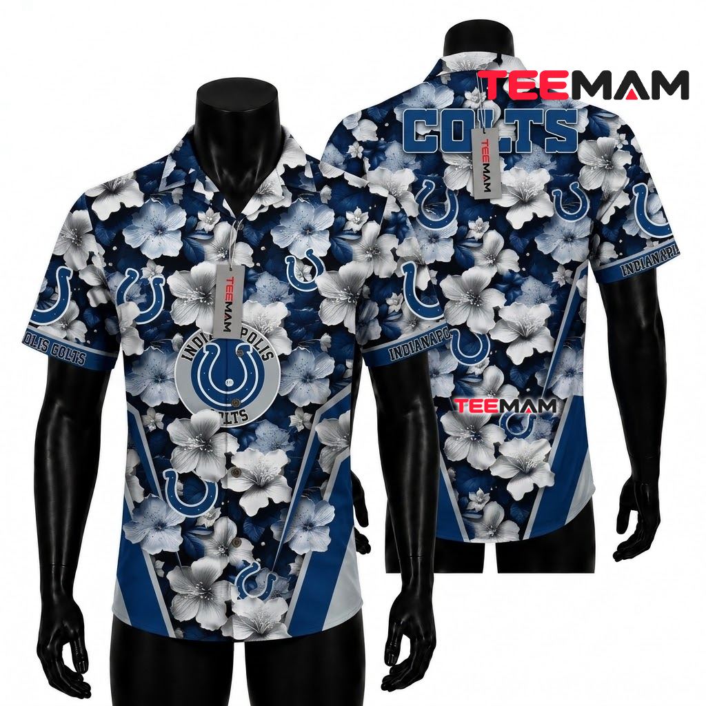 Indianapolis Colts Hawaiian Shirt White Hibiscus Diagonal Stripe Front