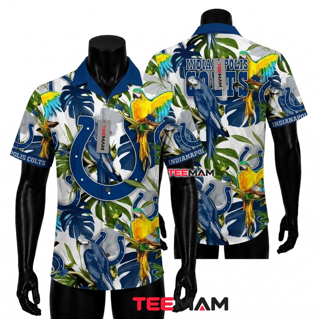 Indianapolis Colts Tropical Shirt Macaw Parrot Monstera Leaf Front