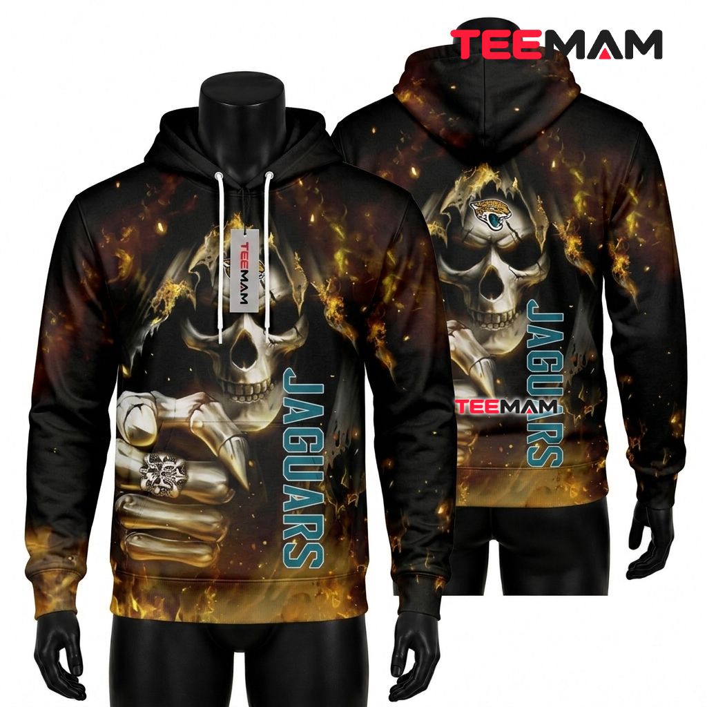 Jacksonville Jaguars 3D Hoodie Flaming Skull Fist Bump Front
