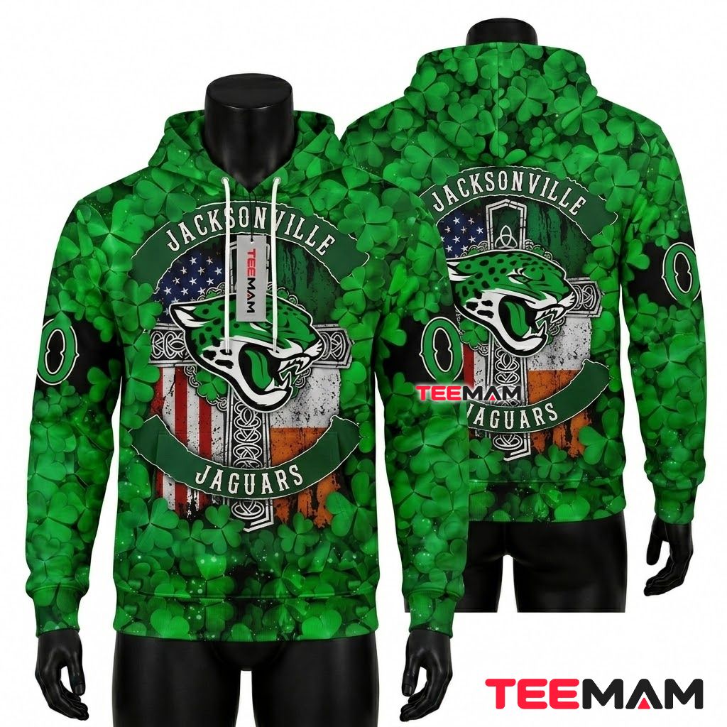 Jacksonville Jaguars 3D Hoodie Shamrock Celtic Cross Patrick Front