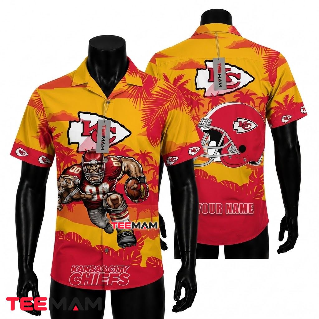 Kansas City Chiefs Hawaiian Shirt Mascot Helmet Front