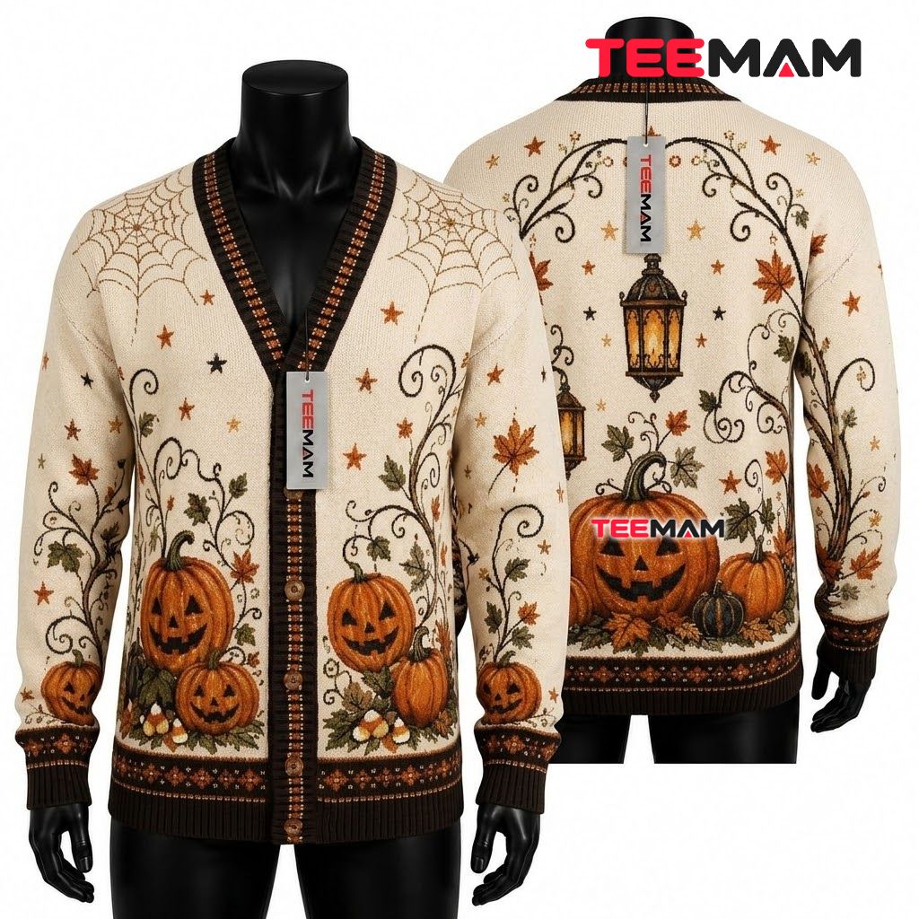 Lantern Halloween Cardigan Pumpkin Vine Print 1