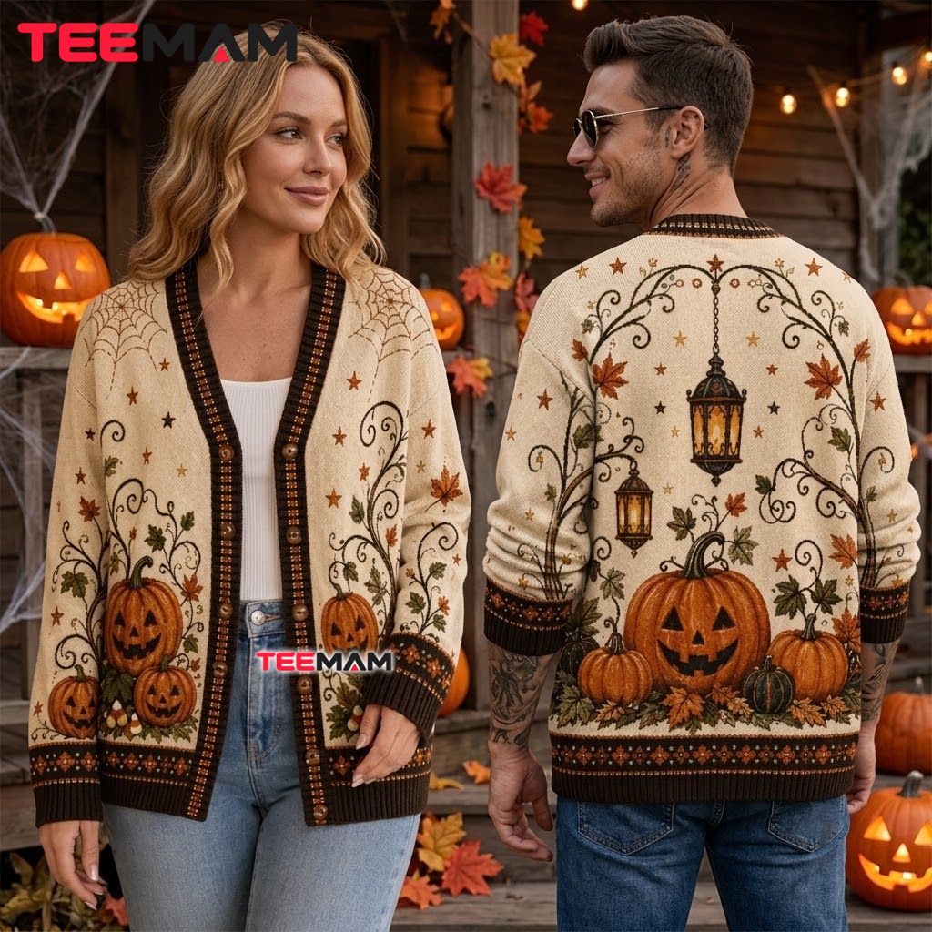 Lantern Halloween Cardigan Pumpkin Vine Print 2 Lantern Halloween Cardigan Pumpkin Vine Print 2