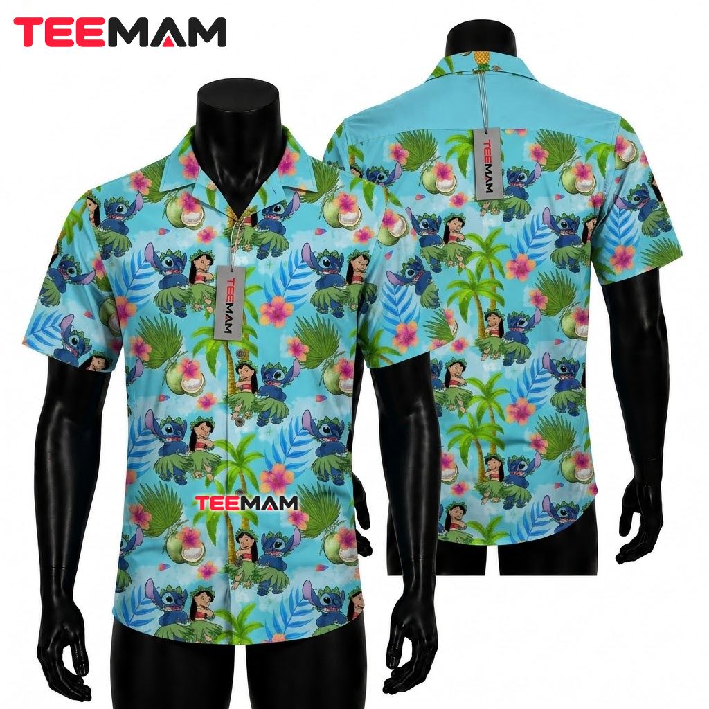 Lilo Stitch Hawaiian Shirt Coconut Palm Tree Hula Front
