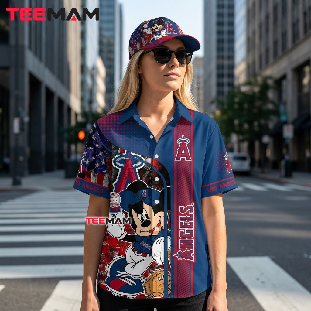 Los Angeles Angels Button Up Shirt Mickey Mouse Baseball Back Los Angeles Angels Button Up Shirt Mickey Mouse Baseball Back