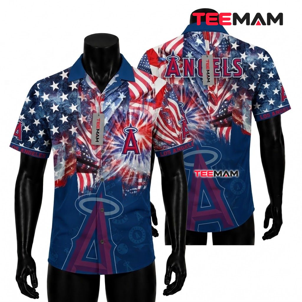Los Angeles Angels Hawaiian Shirt American Flag Firework Front