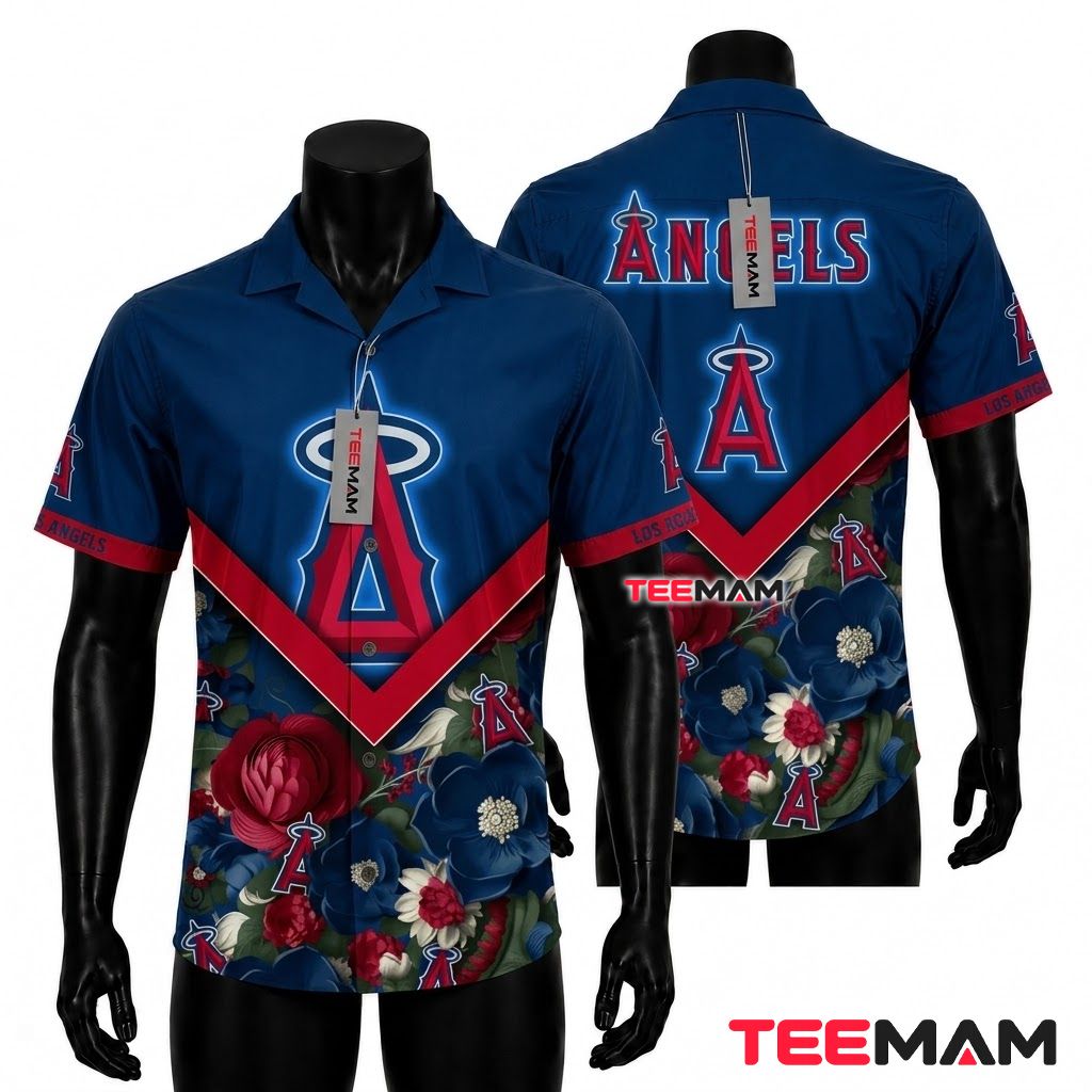 Los Angeles Angels Hawaiian Shirt Chevron Floral Blue Front