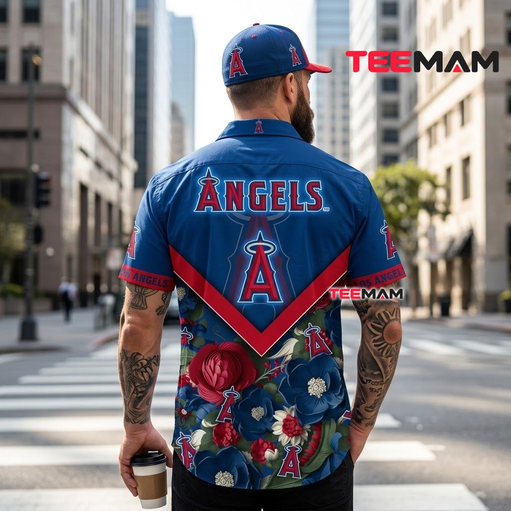 Los Angeles Angels Hawaiian Shirt Chevron Floral Blue Version 3 Los Angeles Angels Hawaiian Shirt Chevron Floral Blue Version 3
