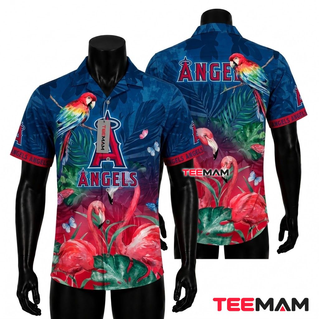 Los Angeles Angels Hawaiian Shirt Flamingo Parrot Blue Front