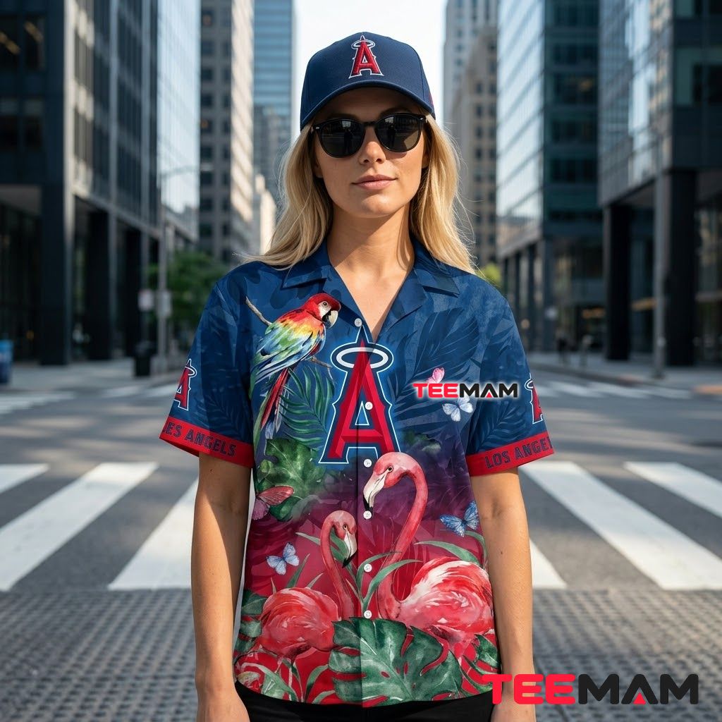 Los Angeles Angels Hawaiian Shirt Flamingo Parrot Blue Back Los Angeles Angels Hawaiian Shirt Flamingo Parrot Blue Back