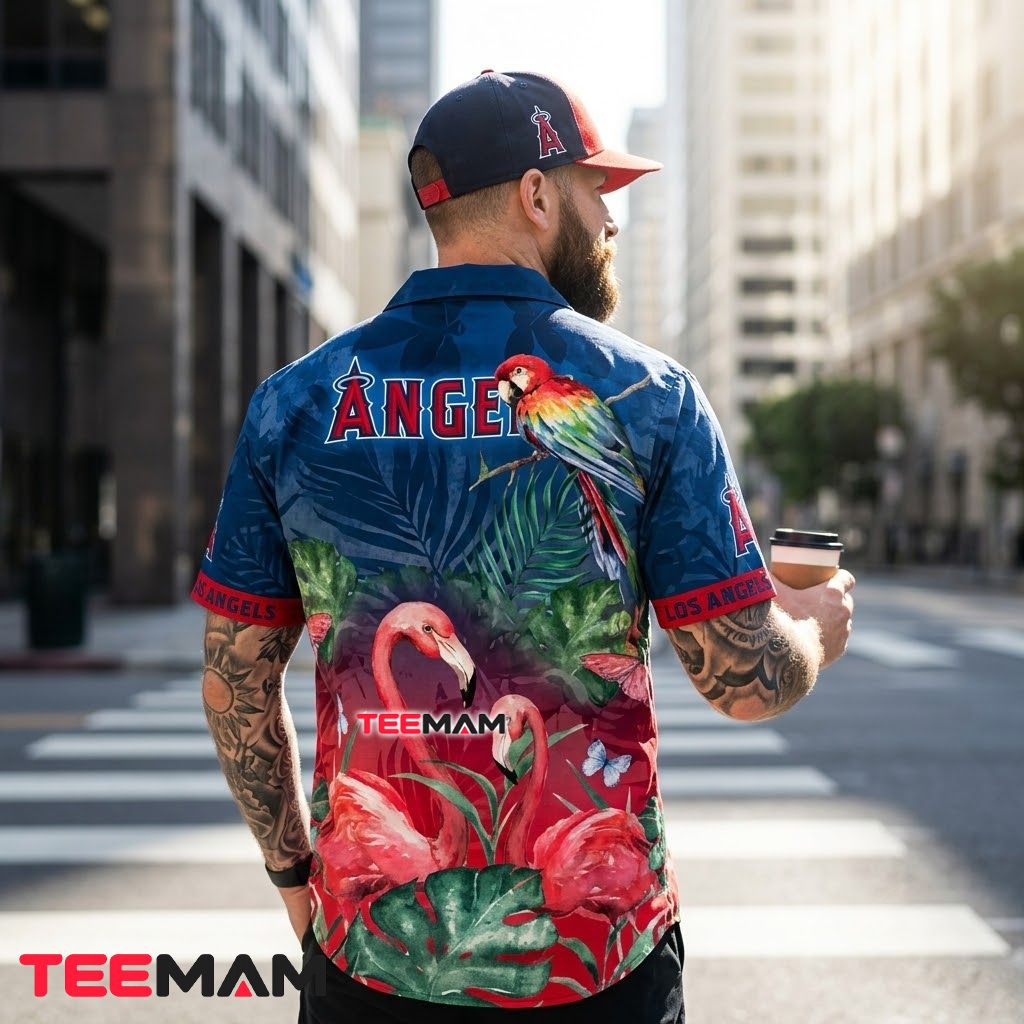 Los Angeles Angels Hawaiian Shirt Flamingo Parrot Blue Version 3 Los Angeles Angels Hawaiian Shirt Flamingo Parrot Blue Version 3