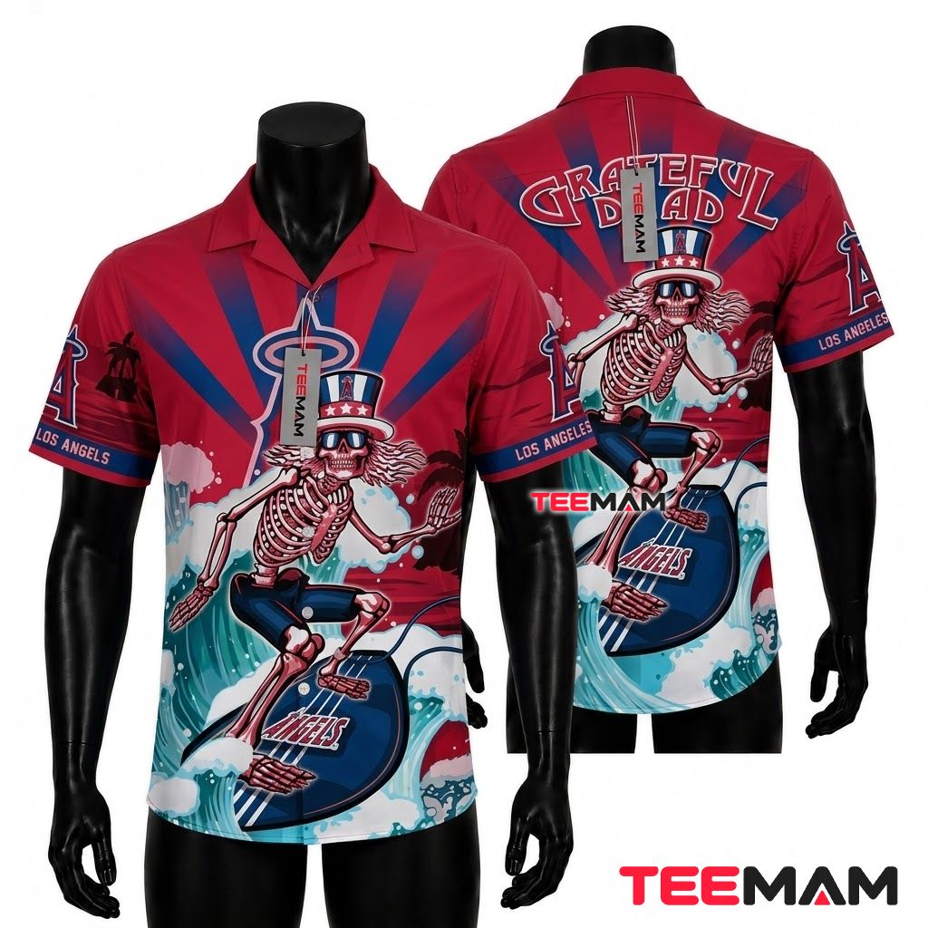 Los Angeles Angels Hawaiian Shirt Grateful Dead Skeleton Surf Front