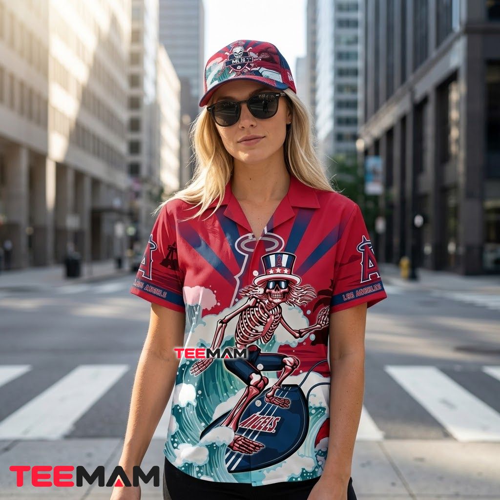 Los Angeles Angels Hawaiian Shirt Grateful Dead Skeleton Surf Back Los Angeles Angels Hawaiian Shirt Grateful Dead Skeleton Surf Back