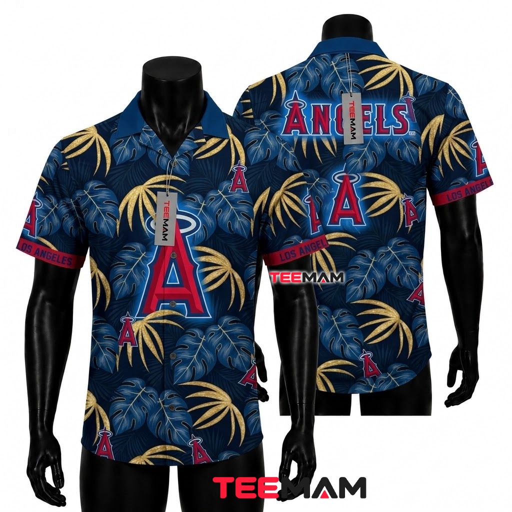 Los Angeles Angels Hawaiian Shirt Monstera Leaf Navy Front