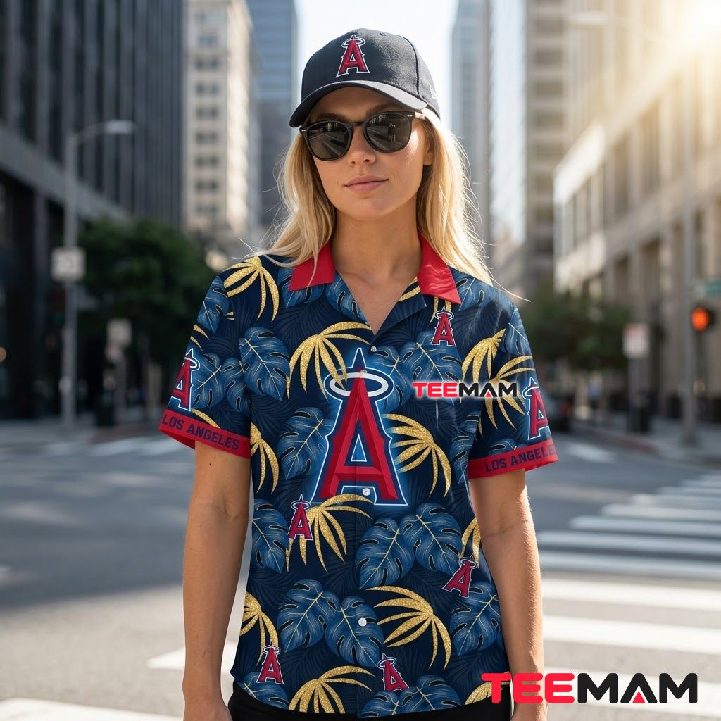 Los Angeles Angels Hawaiian Shirt Monstera Leaf Navy Back Los Angeles Angels Hawaiian Shirt Monstera Leaf Navy Back