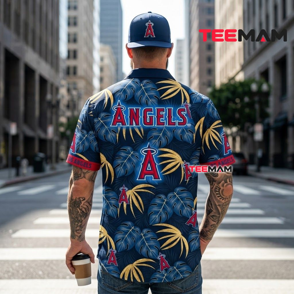 Los Angeles Angels Hawaiian Shirt Monstera Leaf Navy Version 3 Los Angeles Angels Hawaiian Shirt Monstera Leaf Navy Version 3