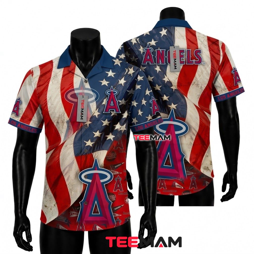 Los Angeles Angels Hawaiian Shirt Patriotic American Flag Front
