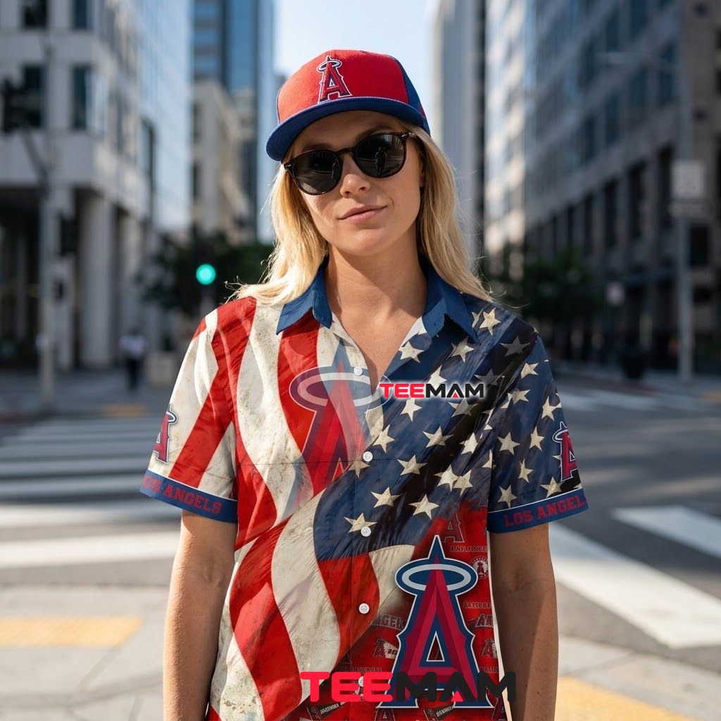 Los Angeles Angels Hawaiian Shirt Patriotic American Flag Back Los Angeles Angels Hawaiian Shirt Patriotic American Flag Back