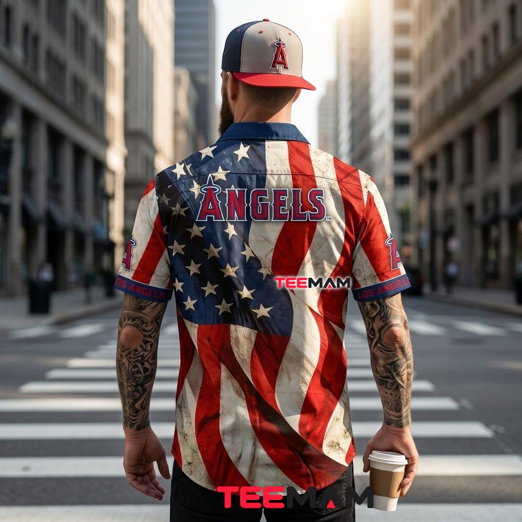 Los Angeles Angels Hawaiian Shirt Patriotic American Flag Version 3 Los Angeles Angels Hawaiian Shirt Patriotic American Flag Version 3