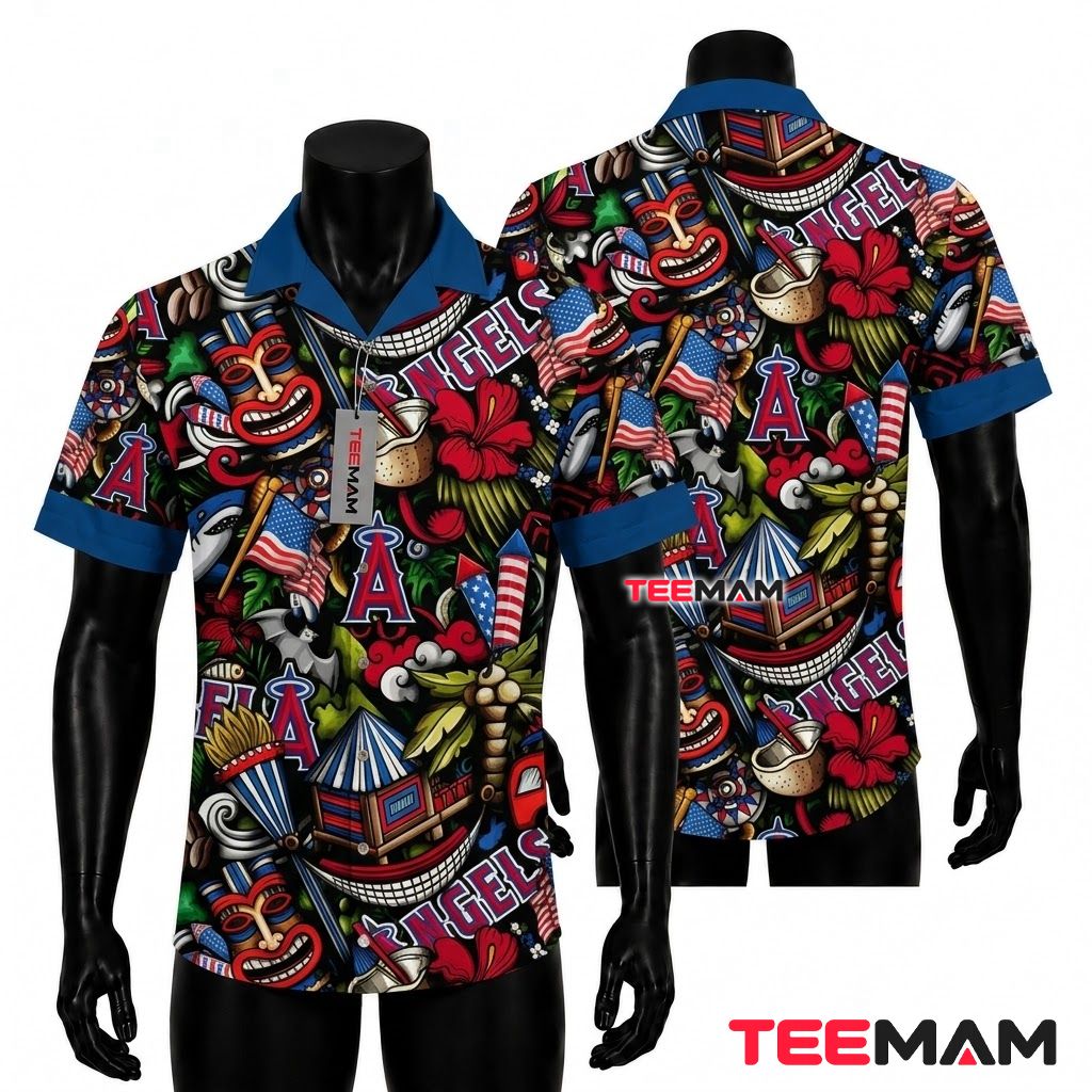 Los Angeles Angels Hawaiian Shirt Patriotic Tiki Firework Front
