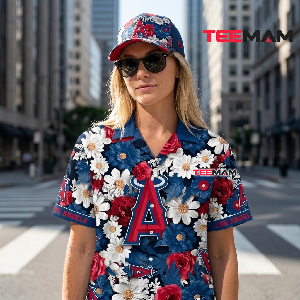 Los Angeles Angels Hawaiian Shirt Rose Daisy Bloom Back Los Angeles Angels Hawaiian Shirt Rose Daisy Bloom Back