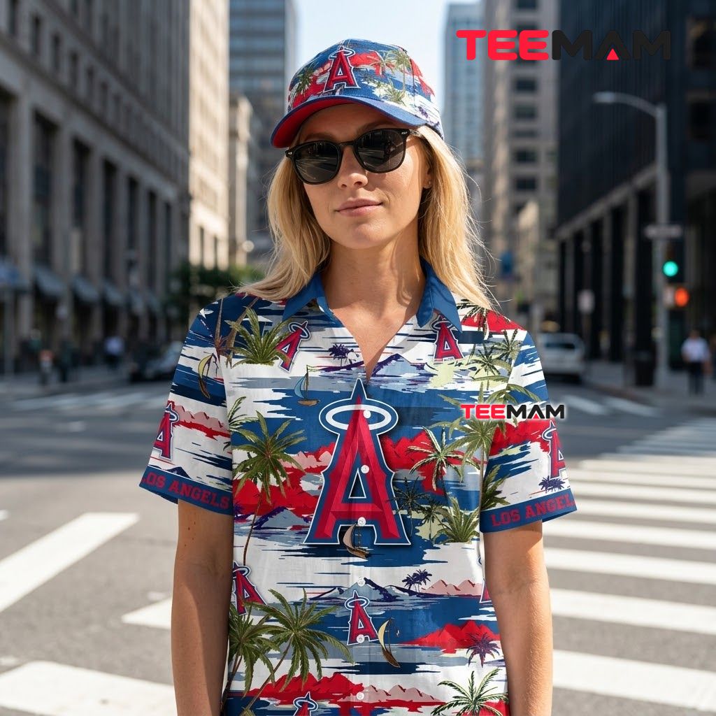 Los Angeles Angels Hawaiian Shirt Sailboat Mountain Summer Back Los Angeles Angels Hawaiian Shirt Sailboat Mountain Summer Back