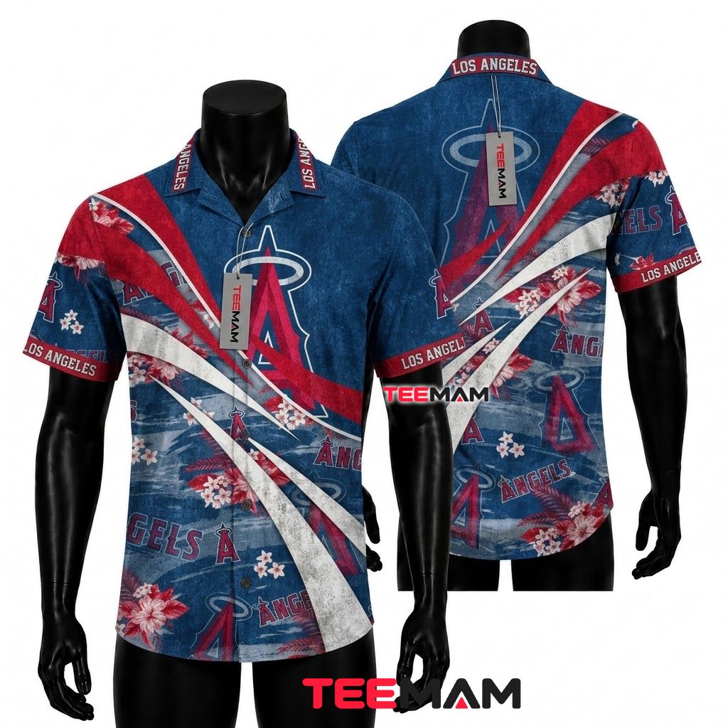 Los Angeles Angels Hawaiian Shirt Swirl Hibiscus Blue Front