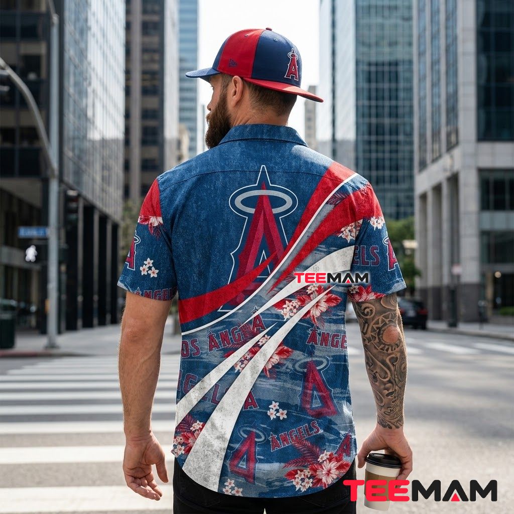 Los Angeles Angels Hawaiian Shirt Swirl Hibiscus Blue Version 3 Los Angeles Angels Hawaiian Shirt Swirl Hibiscus Blue Version 3