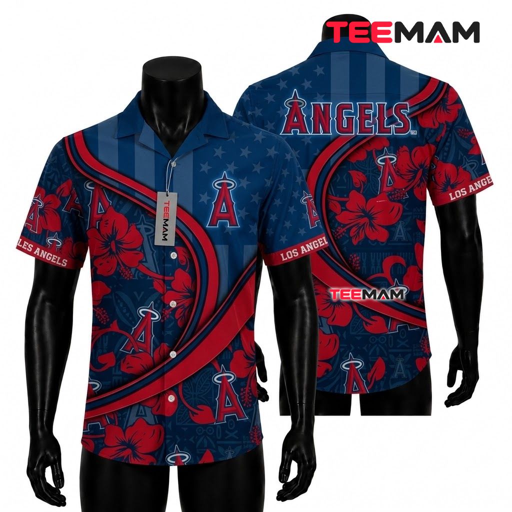 Los Angeles Angels Hawaiian Shirt Swirl Hibiscus Stripe Front