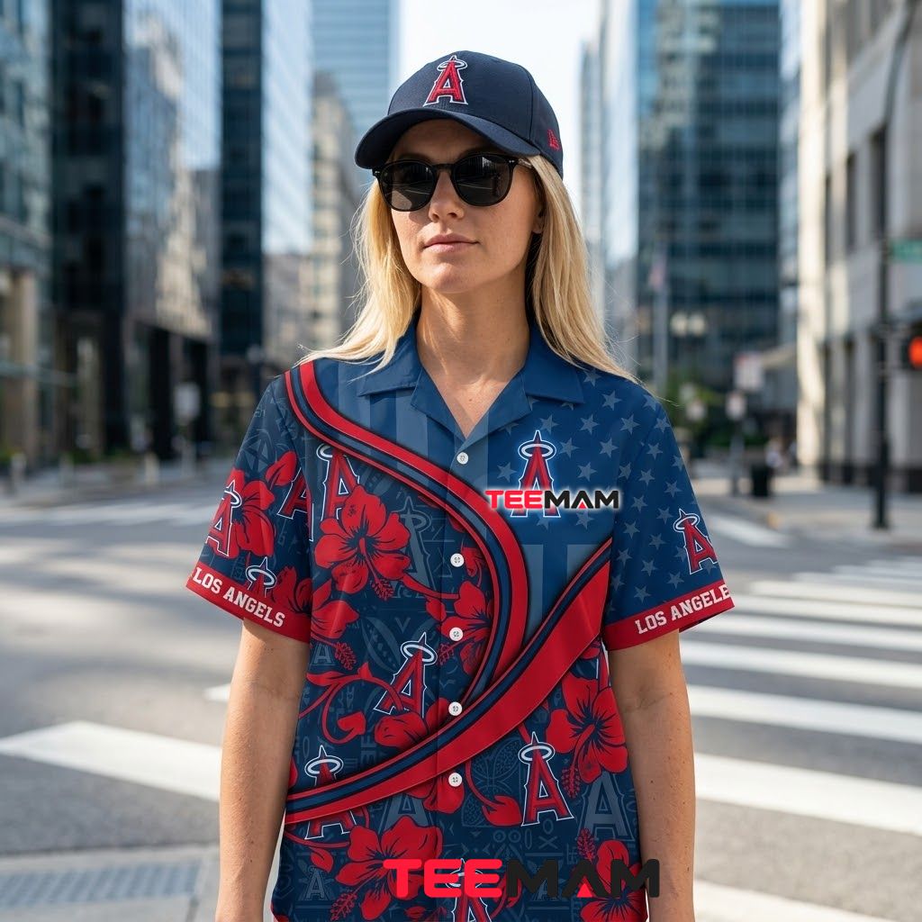 Los Angeles Angels Hawaiian Shirt Swirl Hibiscus Stripe Back Los Angeles Angels Hawaiian Shirt Swirl Hibiscus Stripe Back