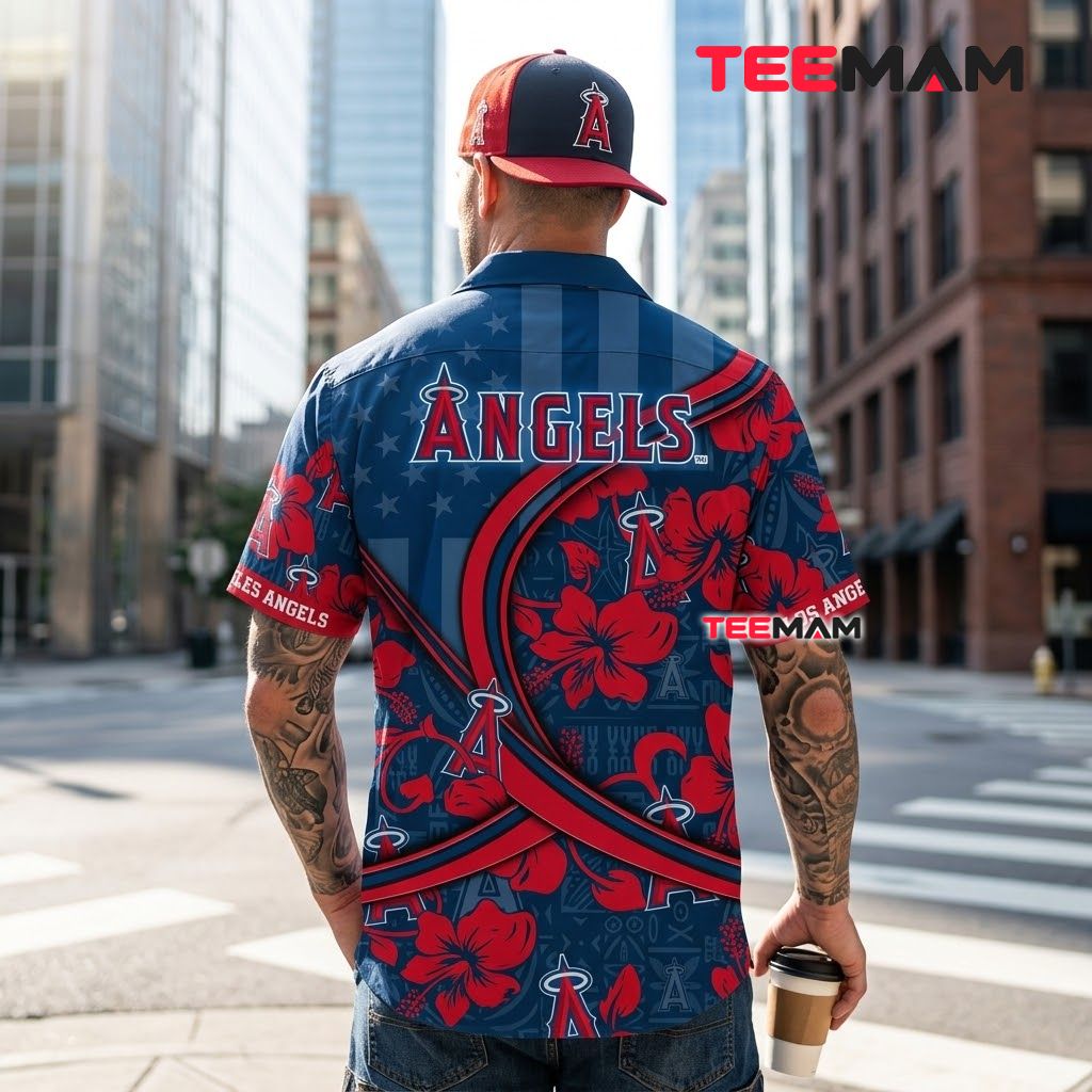 Los Angeles Angels Hawaiian Shirt Swirl Hibiscus Stripe Version 3 Los Angeles Angels Hawaiian Shirt Swirl Hibiscus Stripe Version 3