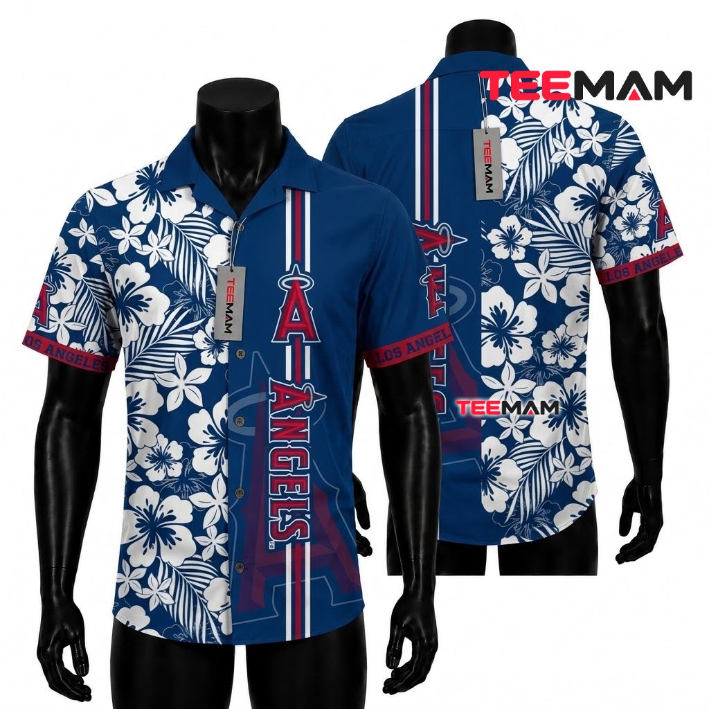 Los Angeles Angels Hawaiian Shirt White Hibiscus Stripe Front