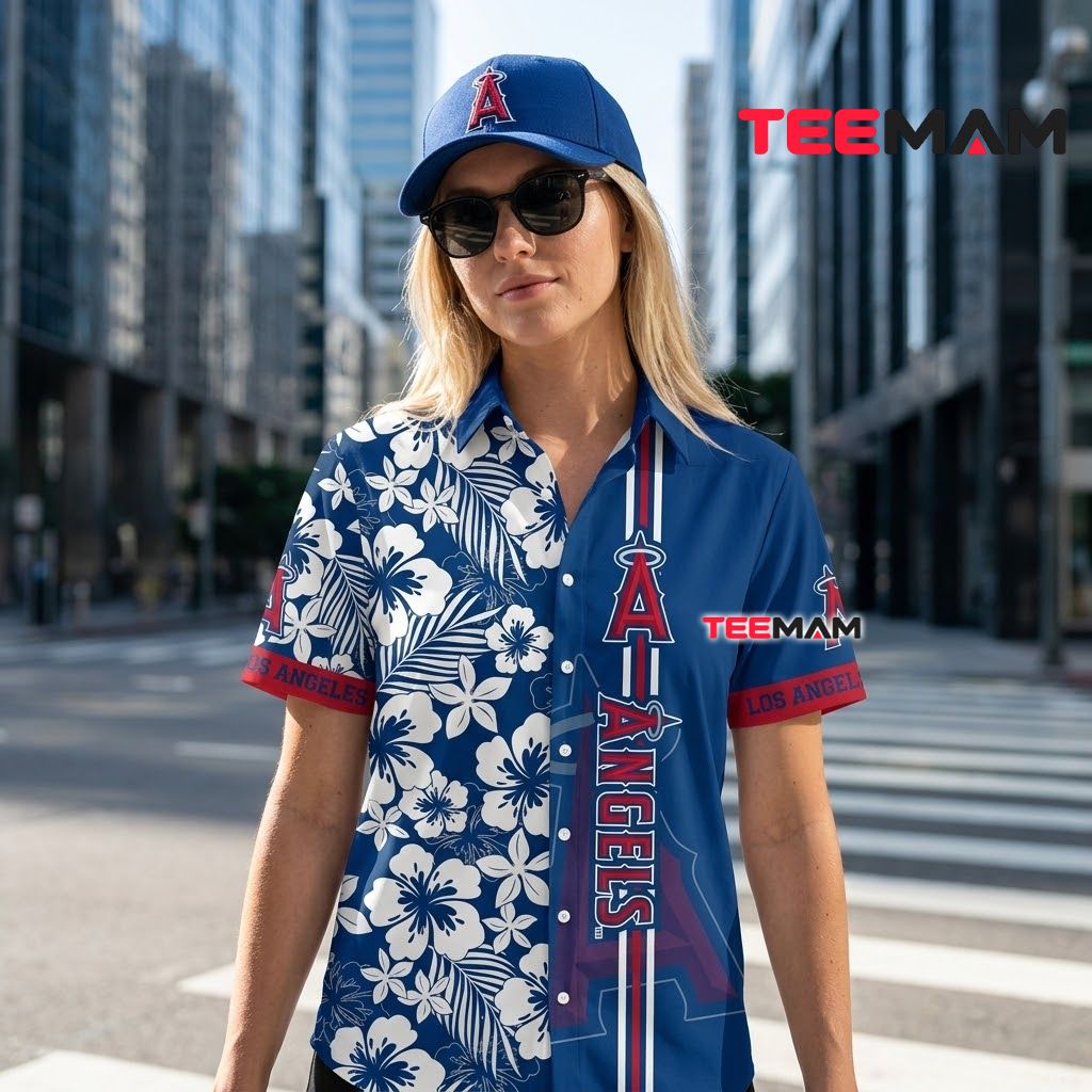 Los Angeles Angels Hawaiian Shirt White Hibiscus Stripe Back Los Angeles Angels Hawaiian Shirt White Hibiscus Stripe Back