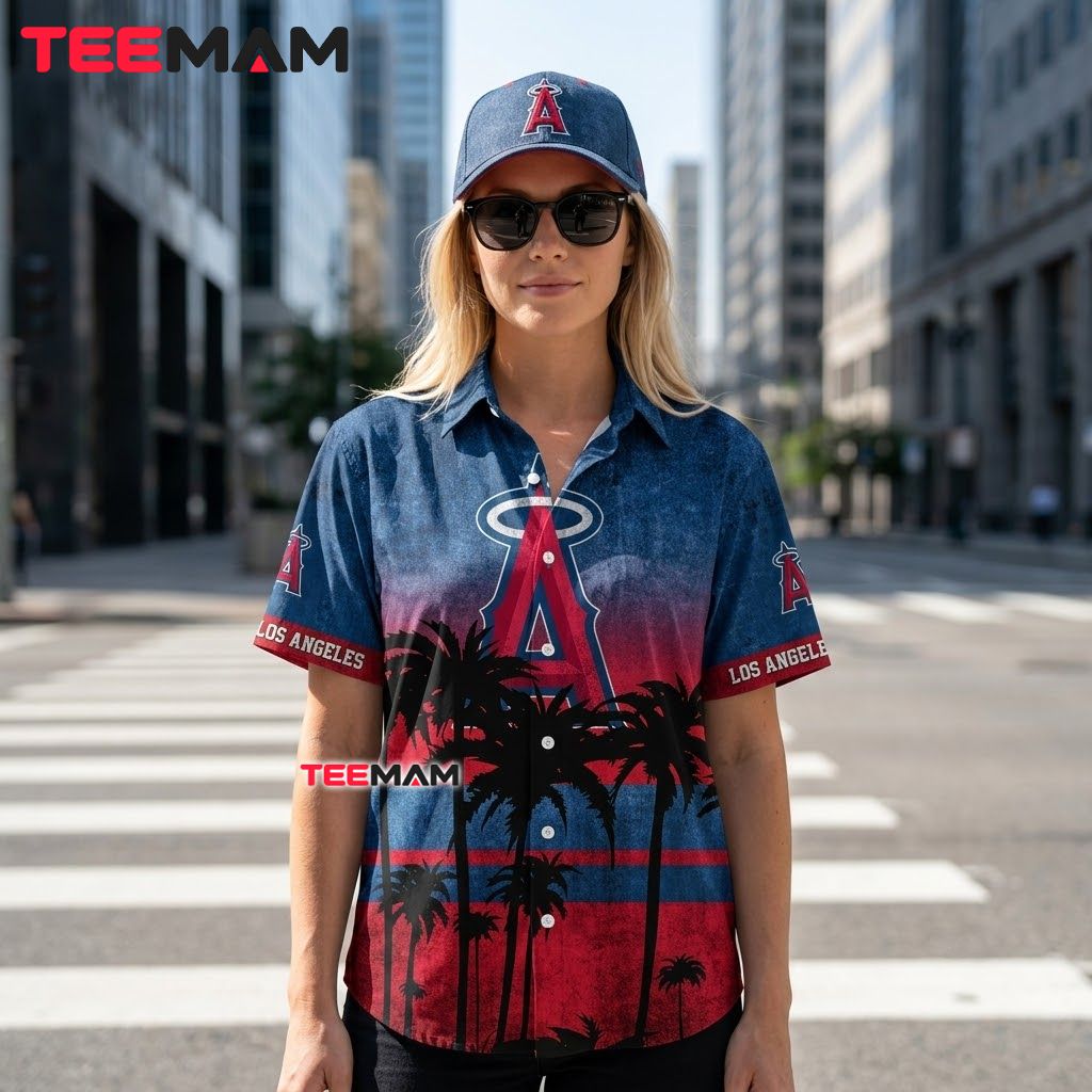 Los Angeles Angels Tropical Shirt Palm Silhouette Sunset Back Los Angeles Angels Tropical Shirt Palm Silhouette Sunset Back