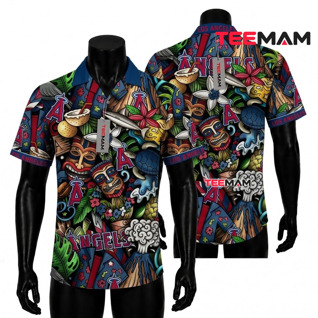 Los Angeles Angels Tropical Shirt Tiki Volcano Turtle Colorful Front