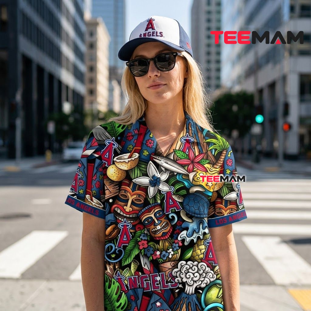Los Angeles Angels Tropical Shirt Tiki Volcano Turtle Colorful Back Los Angeles Angels Tropical Shirt Tiki Volcano Turtle Colorful Back