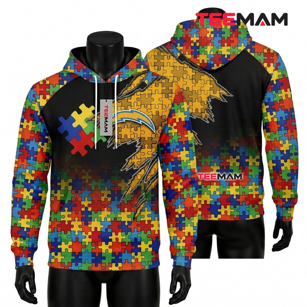 Los Angeles Chargers 3D Hoodie Autism Awareness Claw Mark Puzzle Front