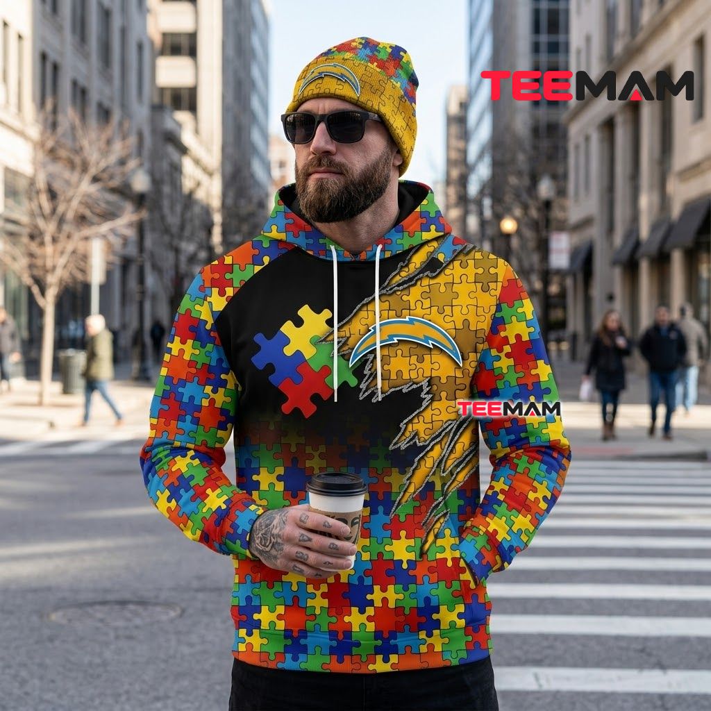 Los Angeles Chargers 3D Hoodie Autism Awareness Claw Mark Puzzle Back Los Angeles Chargers 3D Hoodie Autism Awareness Claw Mark Puzzle Back