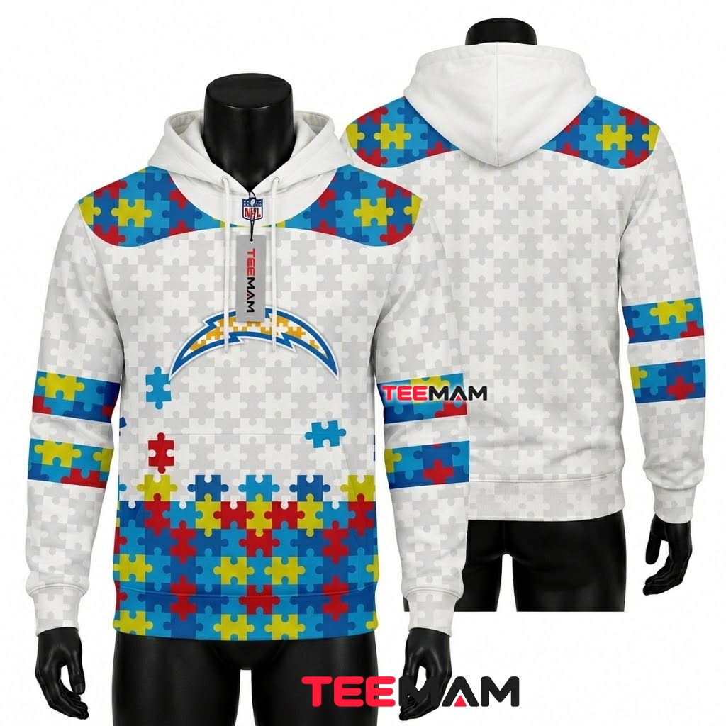 Los Angeles Chargers 3D Hoodie Autism Awareness Puzzle Piece Jersey Front